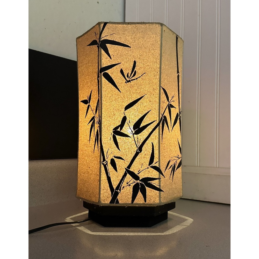 Vintage '95 Hand Painted Bamboo Patterned Table Lamp "Touch The Earth" Signed